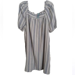 NWT Loft XXLP Linen Blend Striped Square Ruffle Neckline Dress *Belt Missing*